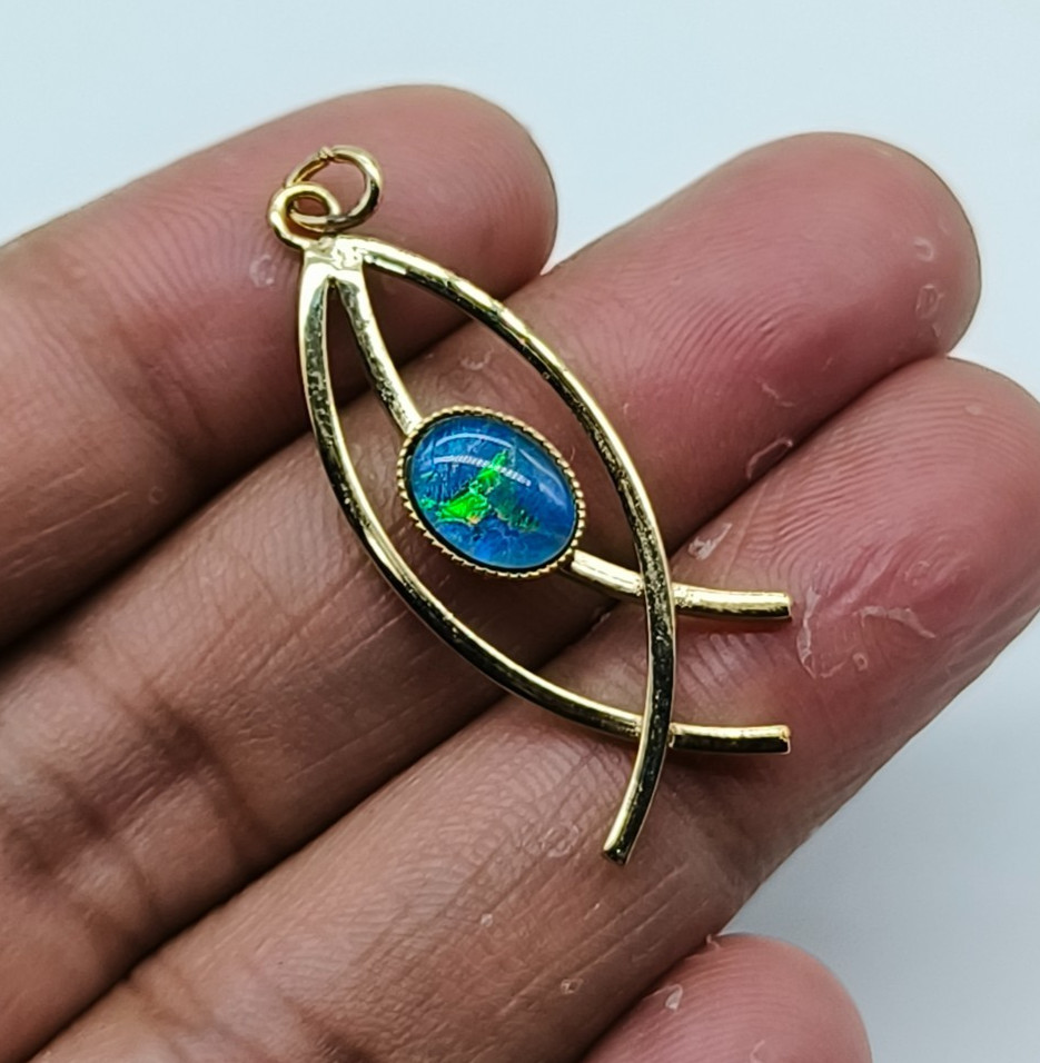 Black Opal Gold Brass Pendant-Natural Black Opal Doublet Cabochon Gift For Her