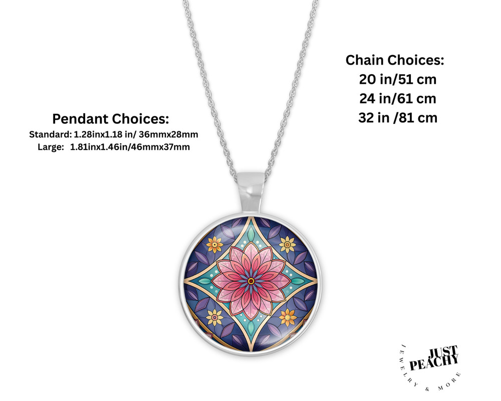 Purple Pink Floral Kaleidoscope Mosaic Art Silver Jewelry Necklace Set