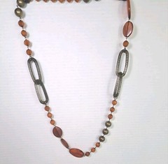 Amber Glass Faux Beaded Pewter Fashion Necklace 38″ Long Statement Jewelry Boho