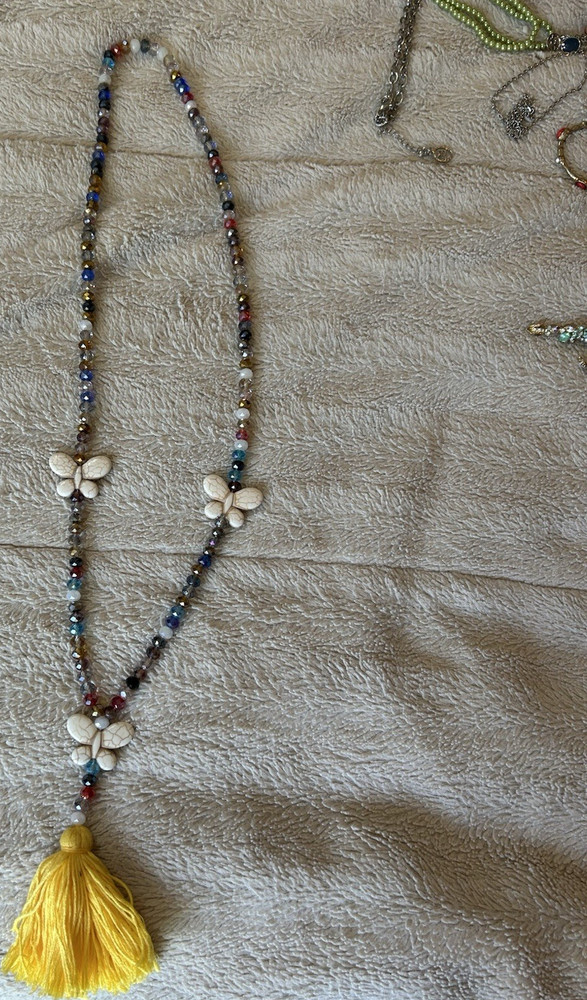 Handcrafted Beaded Necklace Butterfly Charm Multicolor Yellow Tassel 21in