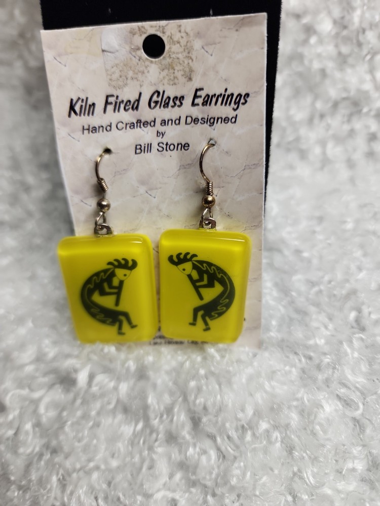 Bill Stone Kiln Fired Glass Earrings Kokopelli Southwest Art Yellow Dangle