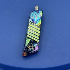 Handmade Dichroic Fused Glass Pendant Iridescent Blue Gold Geometric 2