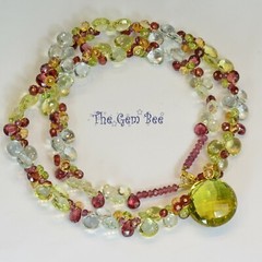 Lemon Quartz Prasiolite Garnet 19″ Cluster Necklace With 18K Solid Gold Clasp