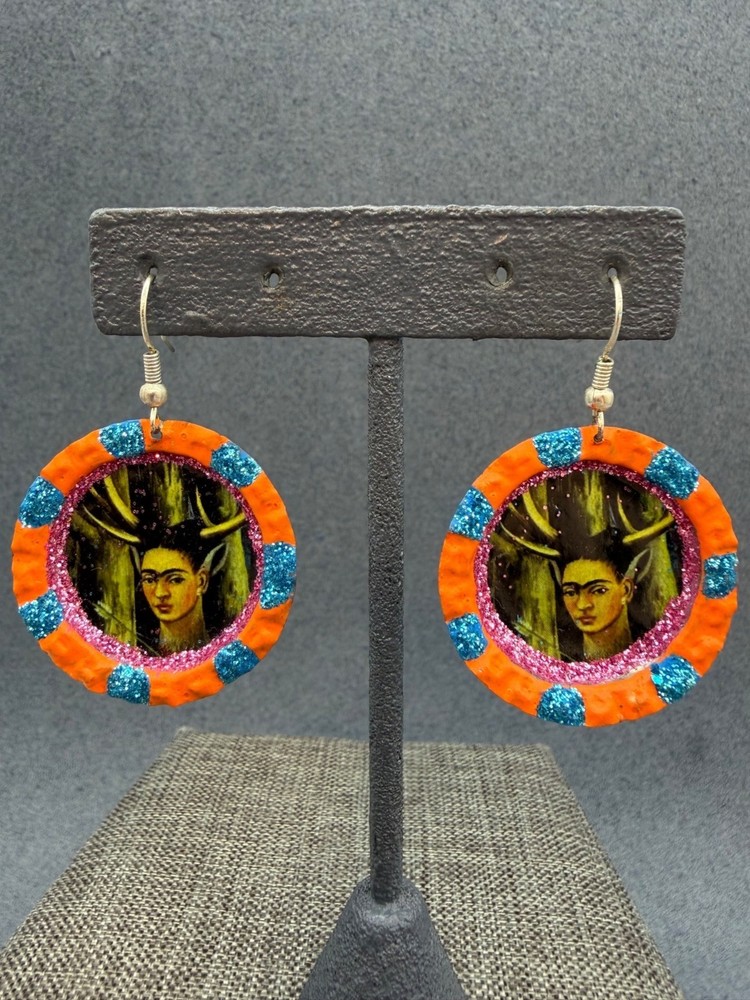Handmade Frida Kahlo Earrings 2 In Drop Pierced Bottle Cap Orange Blue Glitter