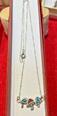 Vintage Sterling Silver Pyrrha 3 Mushrooms Necklace Red & Blue Stones Talisman