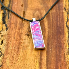 Pendant Necklace Handmade «Blue & Pink Swirly» Silver Bezel Black Cord