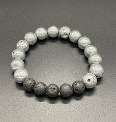 Handmade Silver Druzy Agate and Black Lava Rock Artisan Stretch Bracelet 7-inch