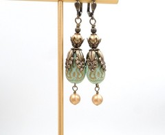 Antique Brass Victorian Style Earrings, Mint Green and Gold Acrylic Bead Jewelry