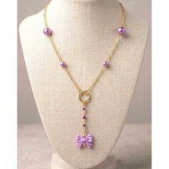Handmade Necklace Gold Toned Purple Faux Pearl Bow Lariat Heart Y-Shape