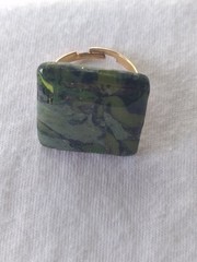 Handcrafted Gold Adjustable Polymer Clay Ring Square Green Yellow Black