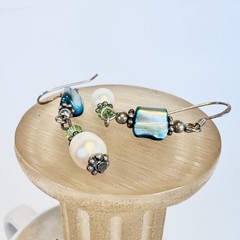 Vintage Sterling Silver Dangle Earrings Blue MOP & Fresh Water Pearls Green Boho