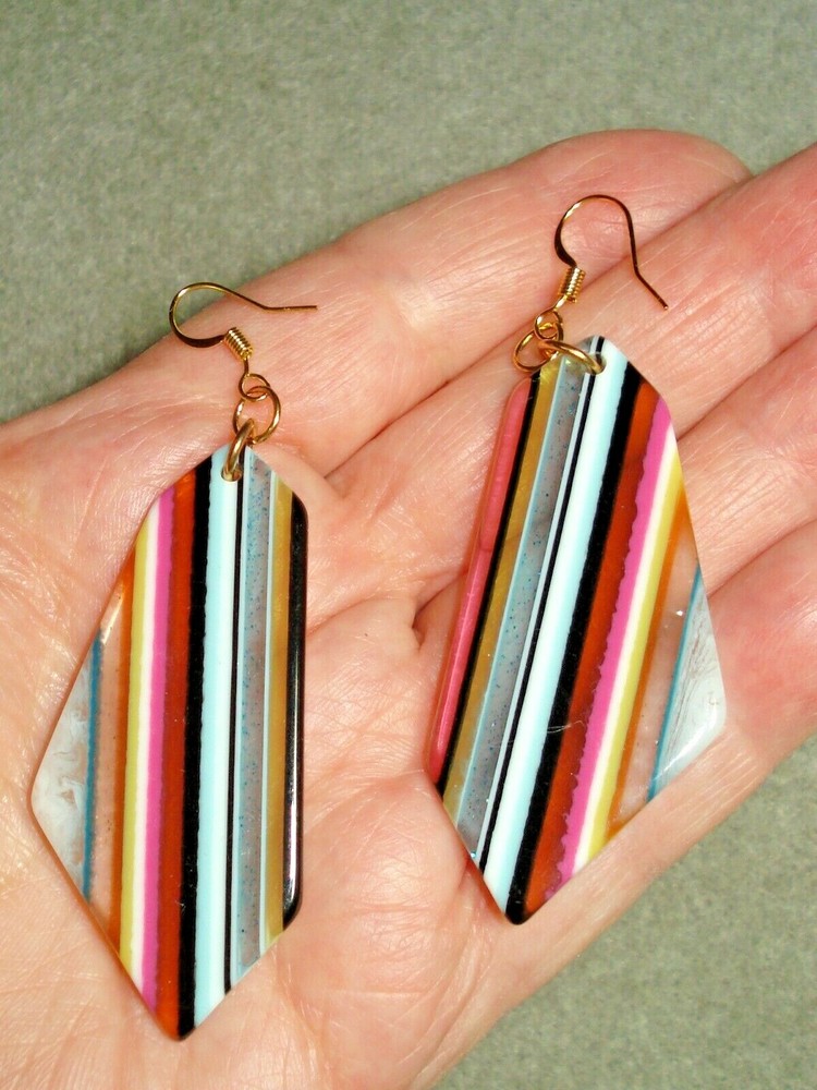 3 1/4″ Drop Dangle Striped Black, Aqua, White, Pink Resin GP Earwire Earrings