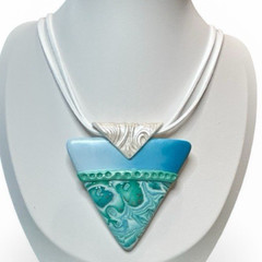 Handmade White Blue & Green Polymer Clay Large Pendant Necklace 18″ on Cord SS