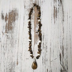 Tigers Eye Chip Beaded Necklace with Teardrop Tigers Eye Gemstone Pendant (B1)