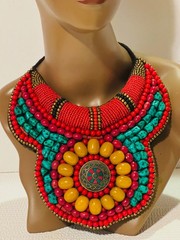 Tibetan beaded bib necklace with faux turquoise, coral and amber, ethnic jewelry