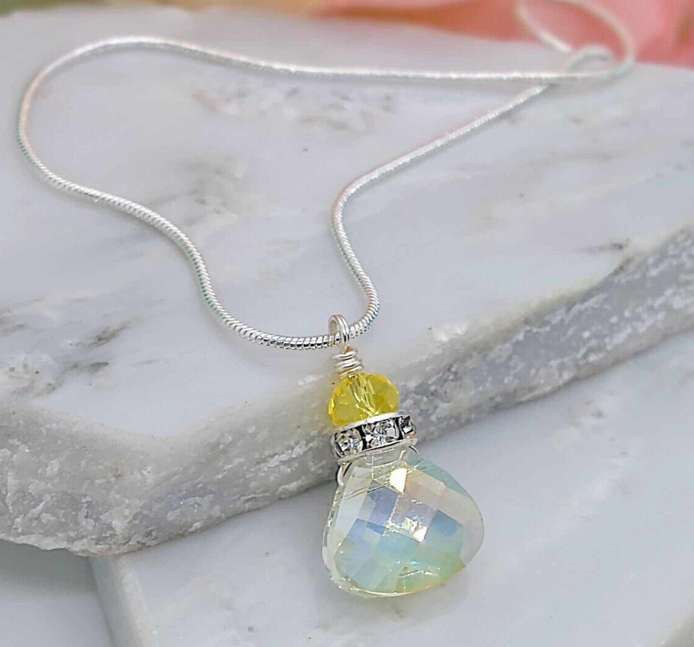 Clear Yellow Crystal Teardrop Pendant Silver Snake Chain Necklace 18 Inch