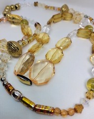 Necklace handmade, beaded jewelry set & bracelet, brown/gold, different material