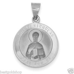 3D St Nicholas PRAY FOR US Medal Charm Pendant Solid Real 14K White Gold