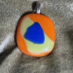 Orange, Blue and Lime Green Fused Art Glass Pendant With Silver Tone Bail.