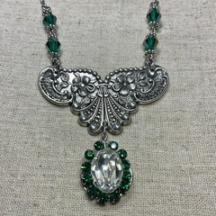 Vintage Inspired Necklace- Green Glass Gems, Glass Beads, 18” Chain, Silver Tone
