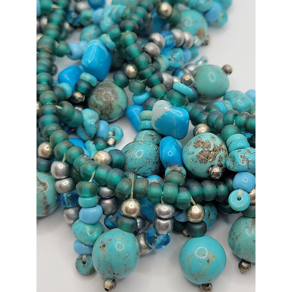 Faux Turquoise Stone Choker Necklace Blue/Green Seed Bead 925 Clasp Southwestern