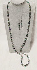 Handcrafted Jewelry 35″ Iridescent Smoky & Teal Glass Necklace Earring Set