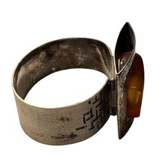 Vintage Sterling Silver Baltic Amber Brutalist Hinged Cuff Bracelet
