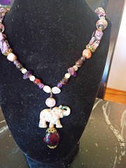 Carved Elephant Amethyst & Rose Quartz Beaded Necklace Elephant Charm Pendant