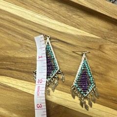 Handcrafted Beaded Teardrop Dangle Earrings Glass Purple Turquoise Gold 2in
