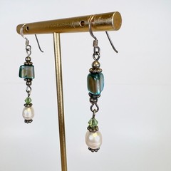 Vintage Sterling Silver Dangle Earrings Blue MOP & Fresh Water Pearls Green Boho