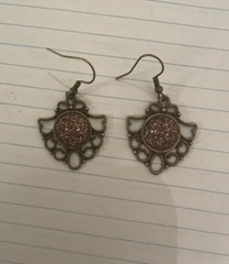 Vintage Brass Gypsy Fan Filigree W/ Bronze Cabochon French Wire Dangle Earrings