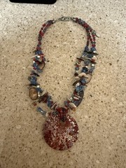 Art Glass Round Pendant Millefori Red White Blue Stones Abalone Chips Boho