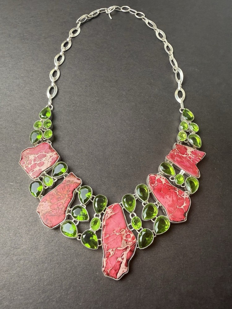 925 Sterling Silver Pink Imperial Jasper Green Gemstone Statement Necklace 109g