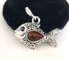 Natural Cognac Baltic Amber Fish Pendant 925 Sterling Silver Scroll Work 1.15″