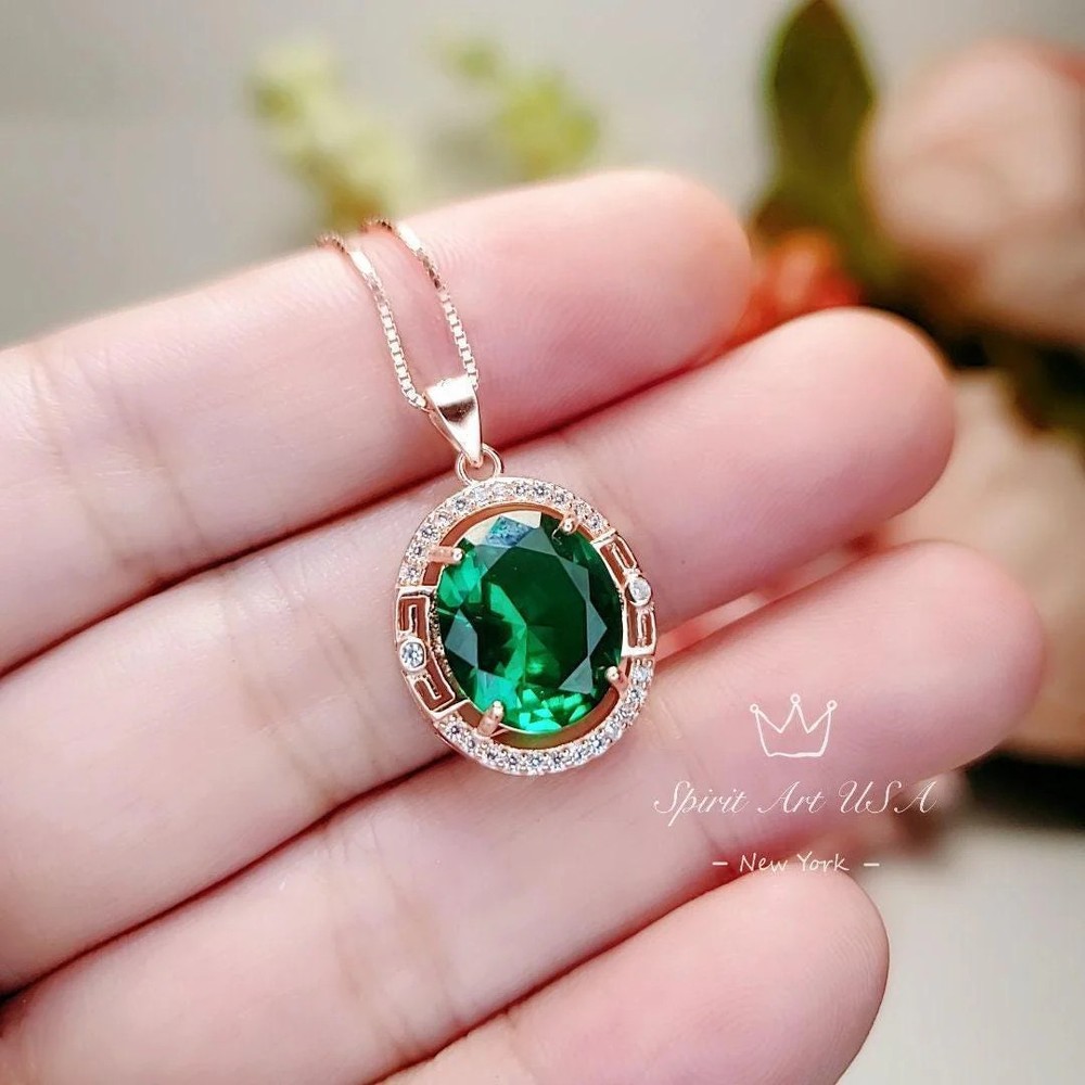 Rose Gold Coated Sterling Silver Oval Cut Green Emerald Pendant – 4.7 CT Large