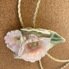 Glazed Ceramic Lariat Necklace Bolo Tie Large Floral Slide Vintage Artisan READ