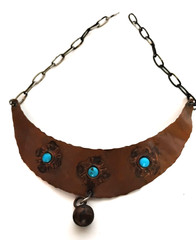 Hammered Copper Turquoise Choker Necklace Crescent Southwestern Adjustable