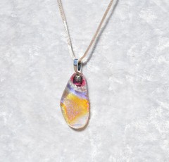 Clear Pendant with 3D Designs Fused Dichroic Glass Necklace Champagne Cord 18″