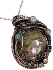 African Green Opal Pendant in Copper with Fluorite, Wire Wrap