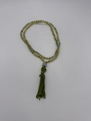 108 Green Lime Jade Beaded Tassel Male Necklace W/ Feng Shui Stone & Lotus Charm