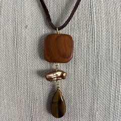 Artisan Handcrafted Necklace Tiger Eye,biwa stick pearl,wood,leather cord
