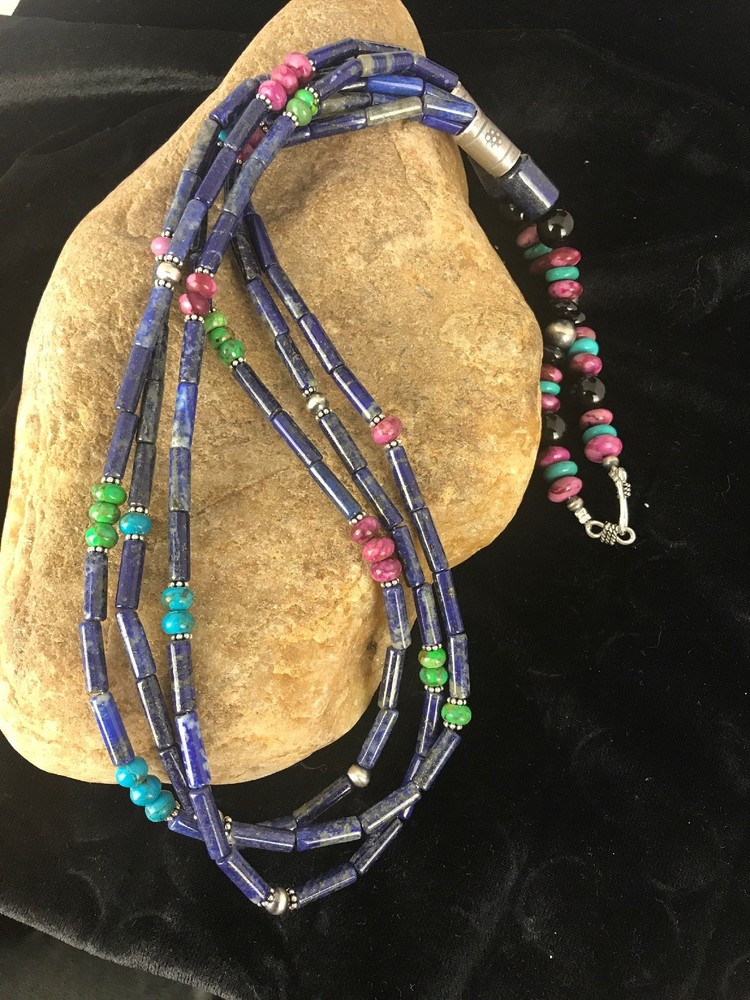 Denim Lapis Multi Strands Navajo Sterling Silver Necklace 22″ 03342