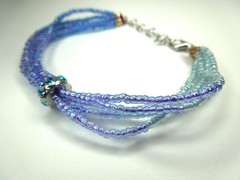 Blue Bead Bracelet Two Tone Glass Multi Strand Rhinestone Adjustable Handmade