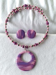 Handcrafted Pink Purple Silver Beaded Polymer Clay Memory Wire Choker Set
