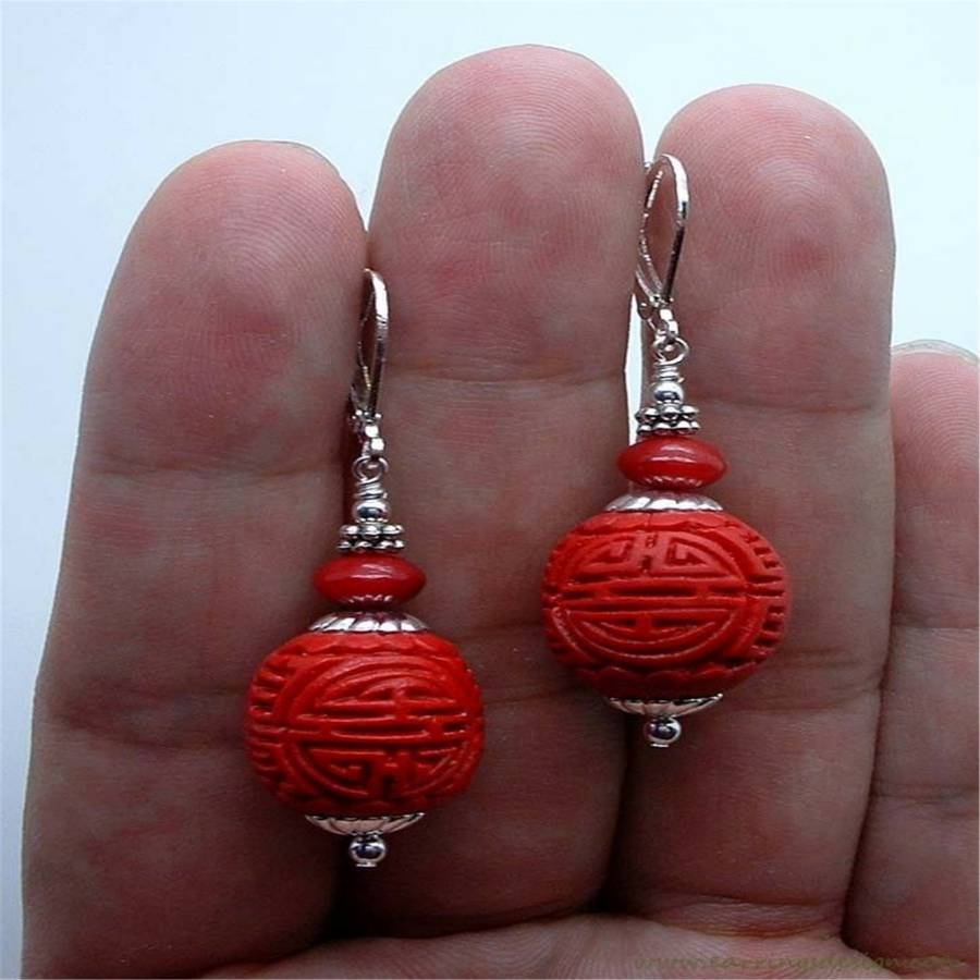 Exquisite Red Cinnabar Coral Sterling Het Earrings Jewelry Cute Trinket Beads