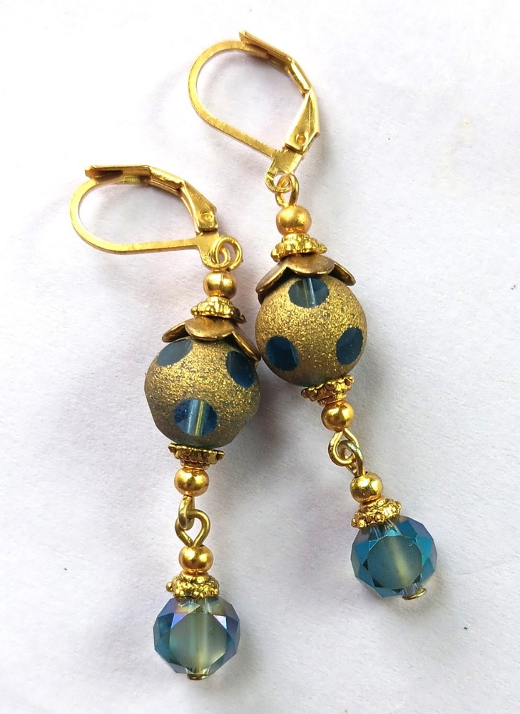 BLUE & GOLD DUST window cut crystal earring GP LEVER BACK handcrafted XSP-c