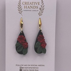 Handmade Black Teardrop Red Rose Earrings Polymer Clay Floral Jewelry