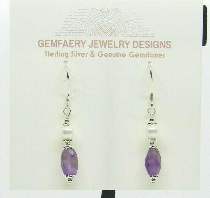 Sterling Silver Faceted AMETHYST & PEARL Dangle Earrings #5534…Handmade USA
