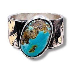 Sterling Silver Persian Blue Turquoise Handmade Ring Gold Accent SZ 8.25 -6207