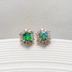 Stunning Australian Boulder Opal & Halo Diamond Stud Earrings 14K Yellow Gold
